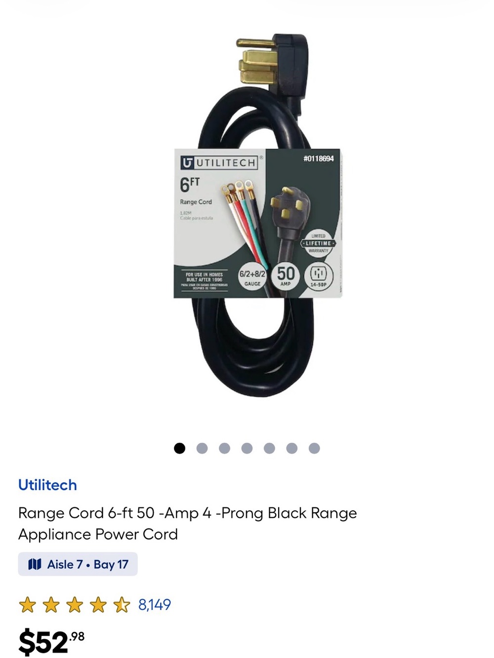 NEW UTILITECH Range Cord 6-ft 50 -Amp 4 -Prong Black Range Appliance Power Cord